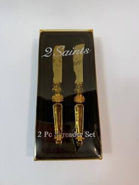 2 Saints Gold Tone Spreader Set 2 Pc Cheese Butter Knives New In Box